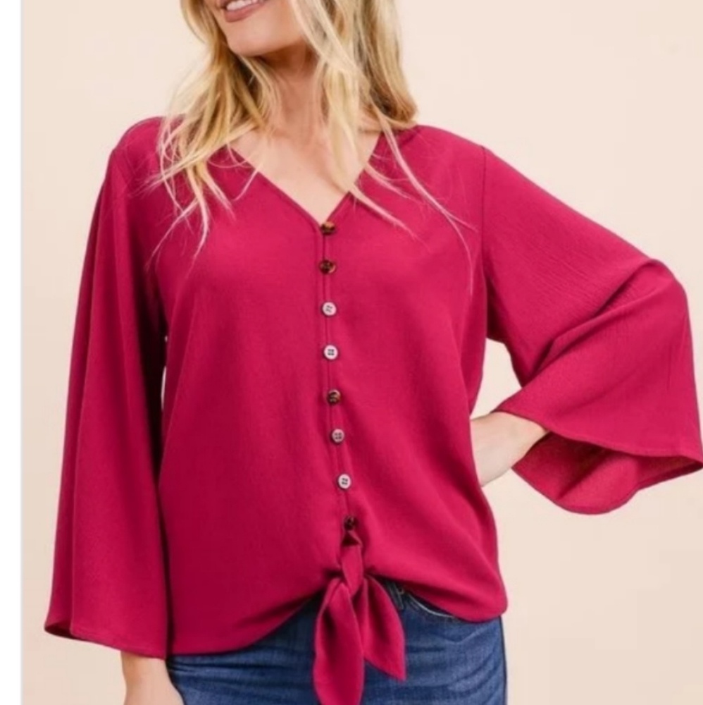 Tie front blouse with bell sleeve